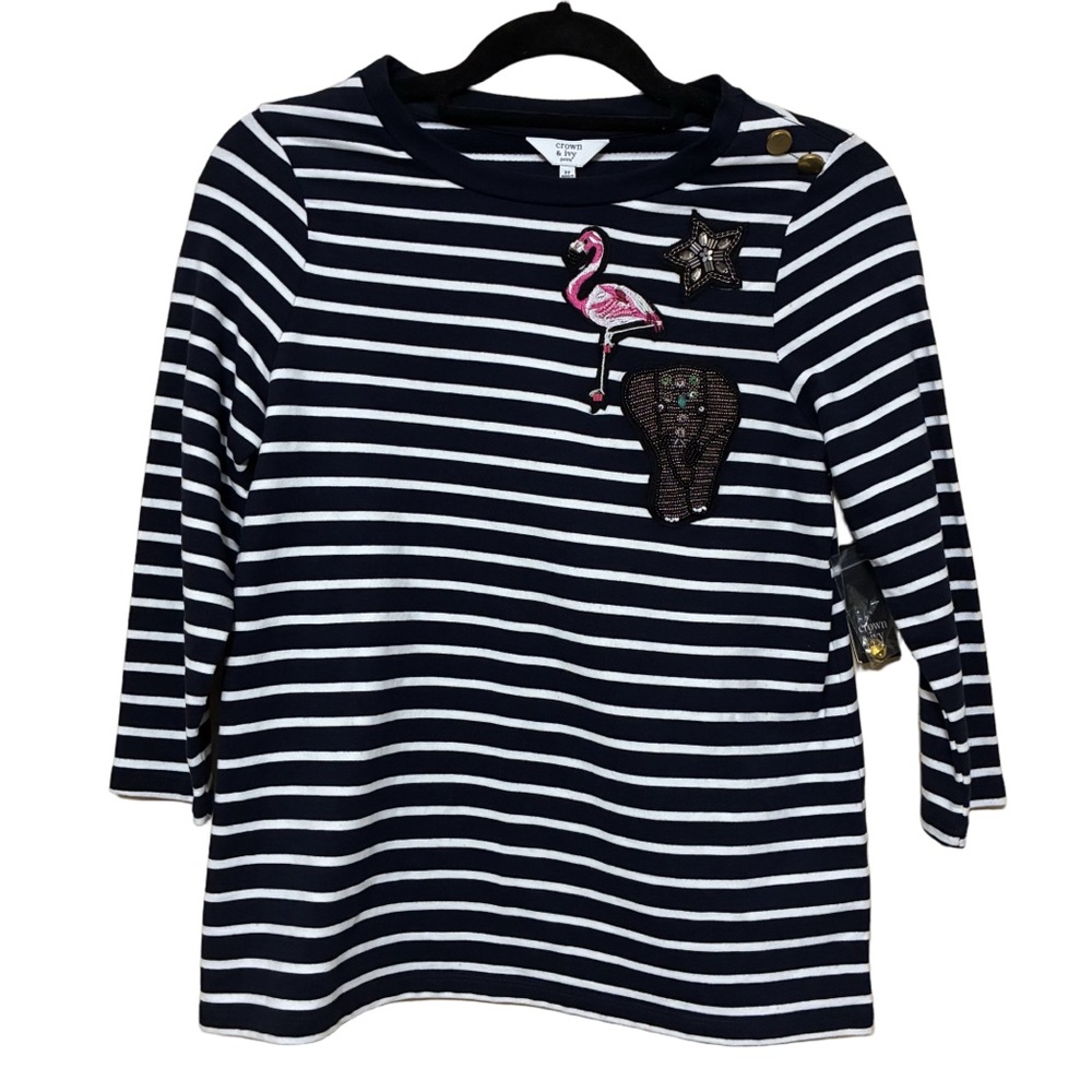 Crown & Ivy Power Pop Applique Round Neck 3/4-Sleeve Top Women’s PP Navy Striped